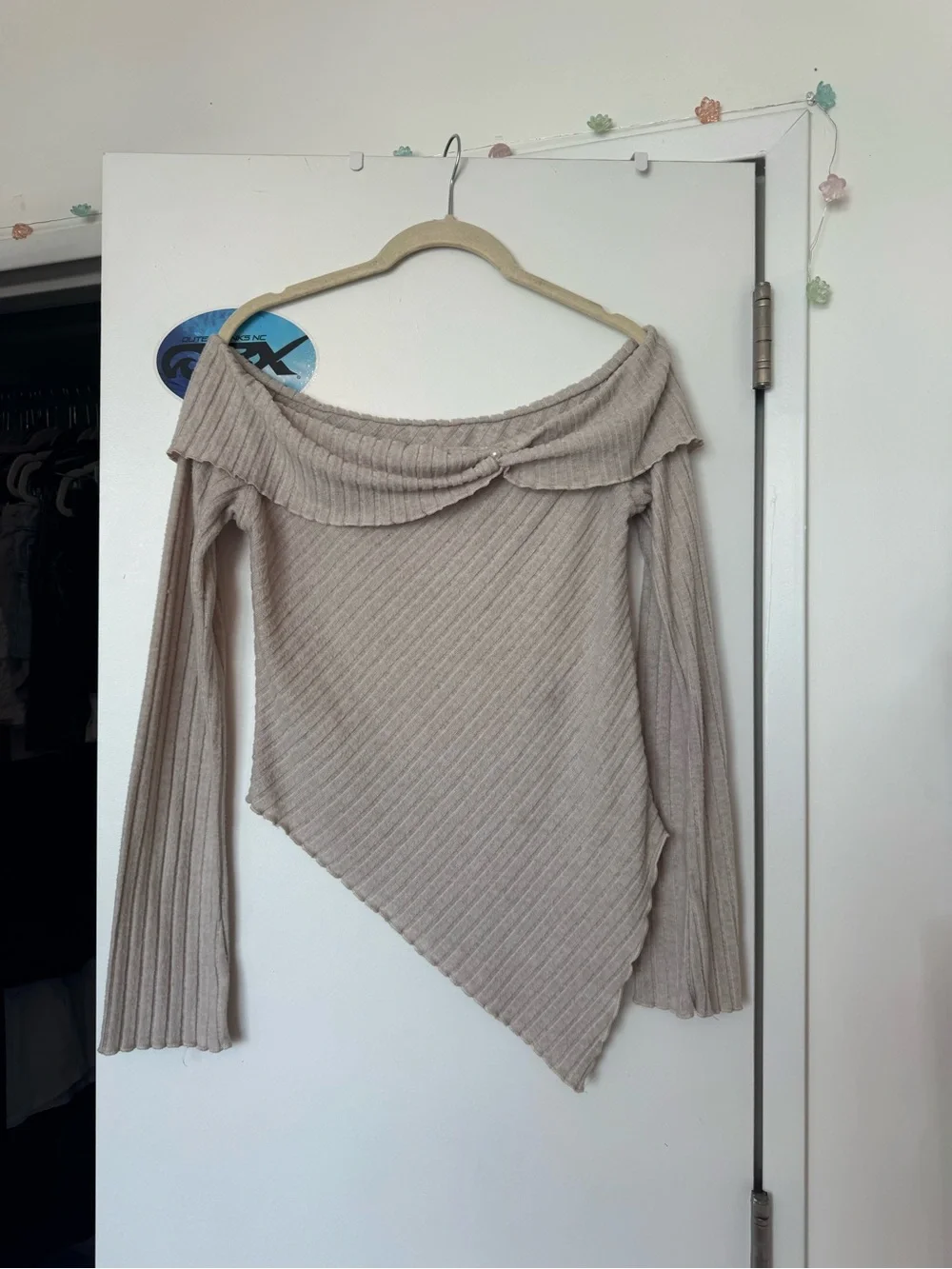 Asymmetric Off-Shoulder Ribbed Sweater - Beige